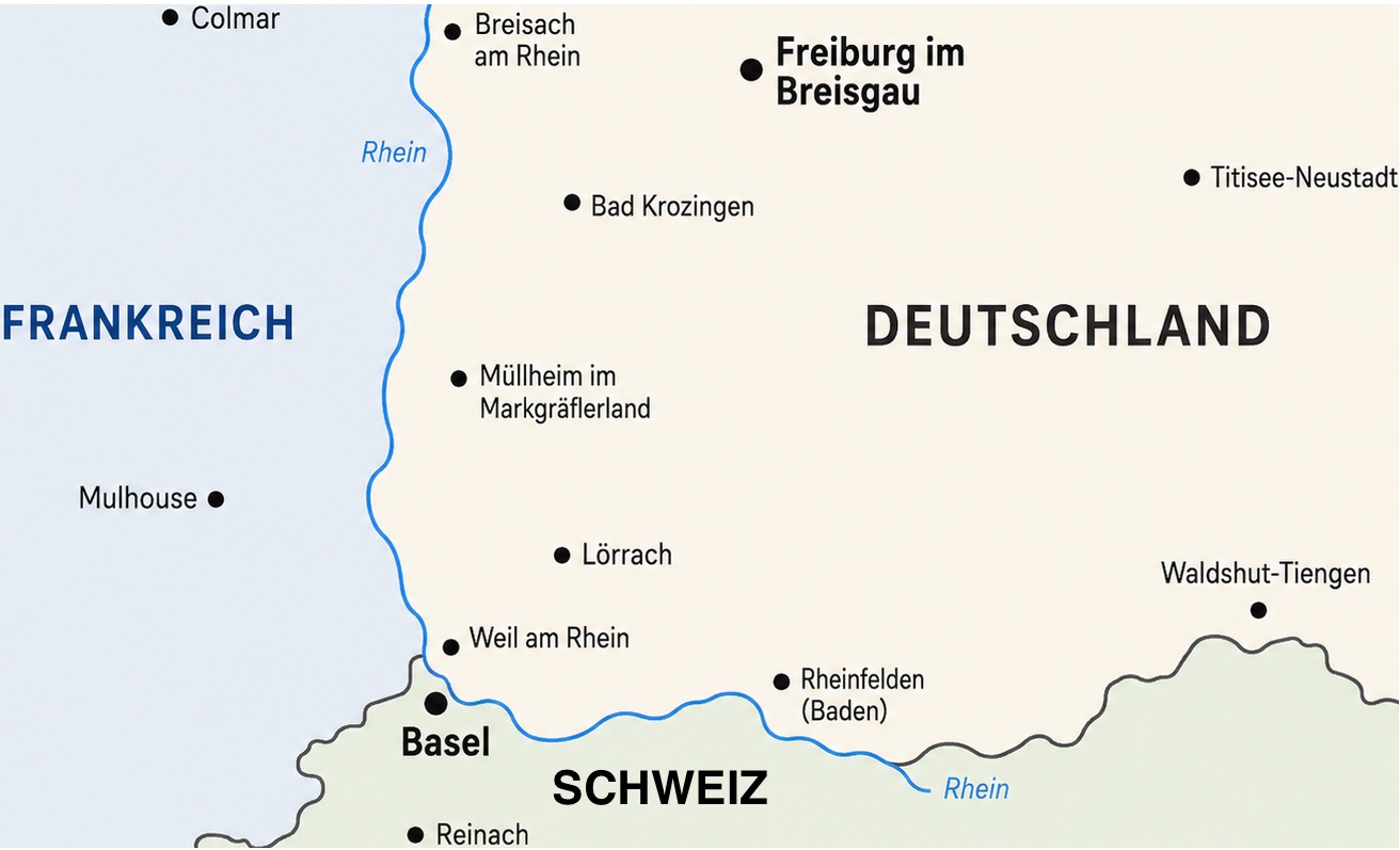 Map of the border region around Freiburg, Lörrach and Basel